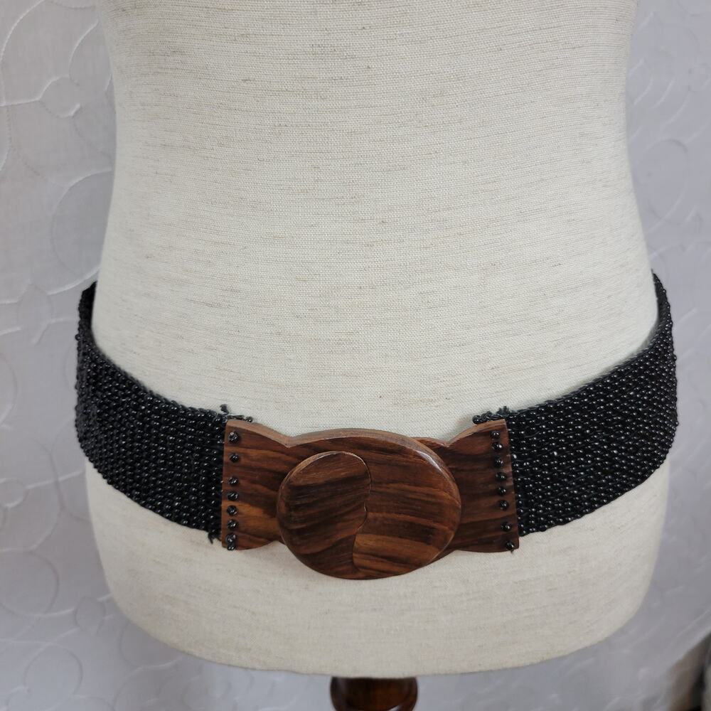 Vintage Handmade Black Beaded Belt with Wooden Hook Buckle Elastic Stretchy